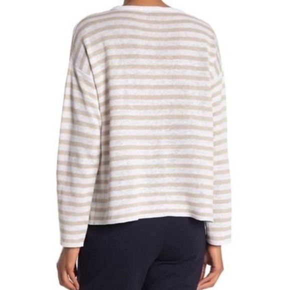 EILEEN FISHER Organic Linen Knit Round Neck Long Sleeve Stripe Box Top, WHNAT - Picture 2 of 2